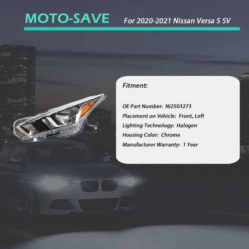 Solid Spare For 20-21 Nissan Versa S SV Left Headlight Replacement Chrome Housing Clear Lens