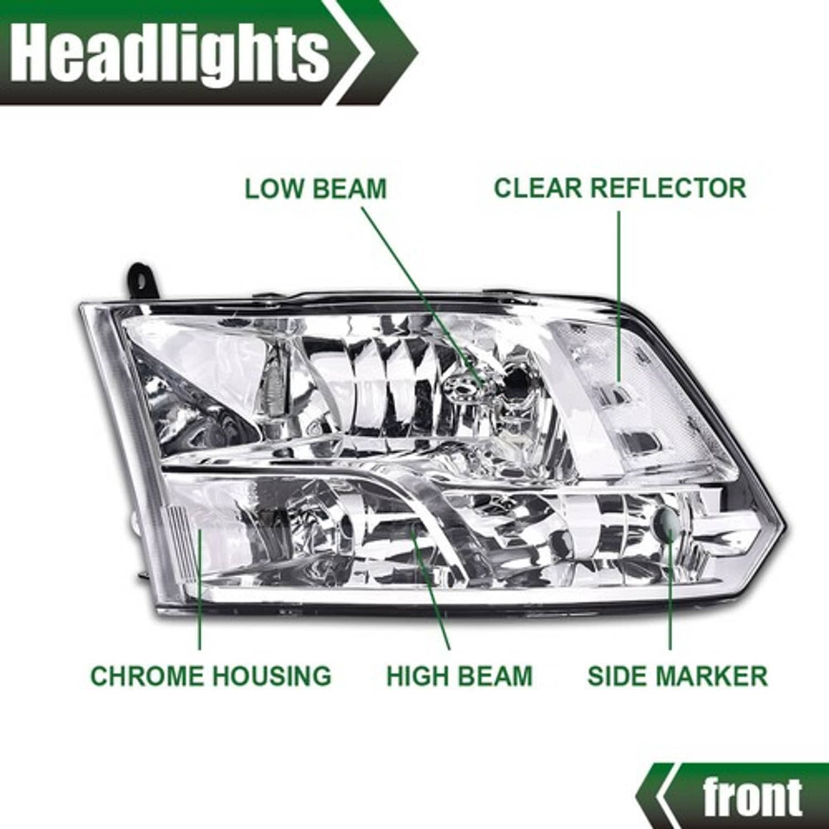 Solid Spare Fit For 2009-2018 Ram 1500 2500 3500 Clear Lens Chrome Headlights Left+Right