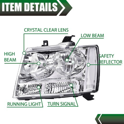Solid Spare Fit For 2007-2014 Avalanche Tahoe Suburban Clear Lens Chrome Headlights Assembly