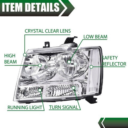 Solid Spare Fit For 2007-2014 Avalanche Tahoe Suburban Clear Lens Chrome Headlights Assembly