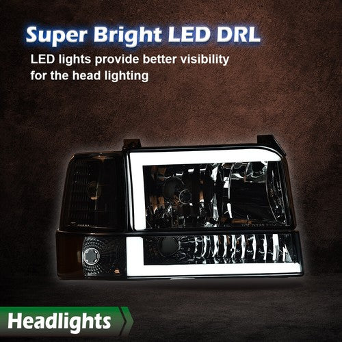 Solid Spare Fit For 1992-1996 Ford F150 F250 F350 Bronco Smoke/Chrome LED DRL Headlights