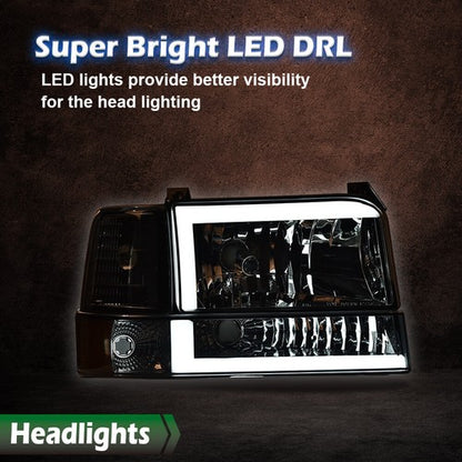 Solid Spare Fit For 1992-1996 Ford F150 F250 F350 Bronco Smoke/Chrome LED DRL Headlights