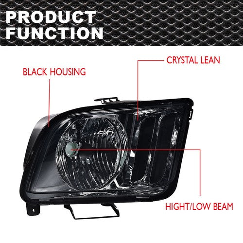 Solid Spare Fit For 2005 2006 2007 2008 2009 Ford Mustang Headlight HeadLamps Smoked/Black