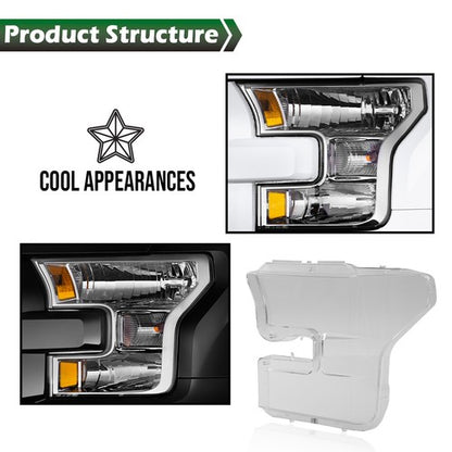 Solid Spare Fit For 15-17 Ford F-150 F150 Left+Right Headlight Replacement Lens Clear