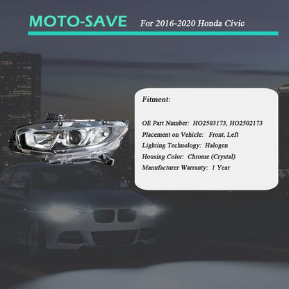 Solid Spare For Honda Civic 2016-2020 Headlight Assembly Halogen Chrome Clear Driver Side