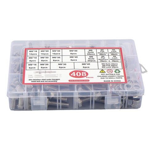 Solid Spare 408 Pieces M5 M6 M8 Bolts and Nuts Flat & Lock Washers Combination Kit