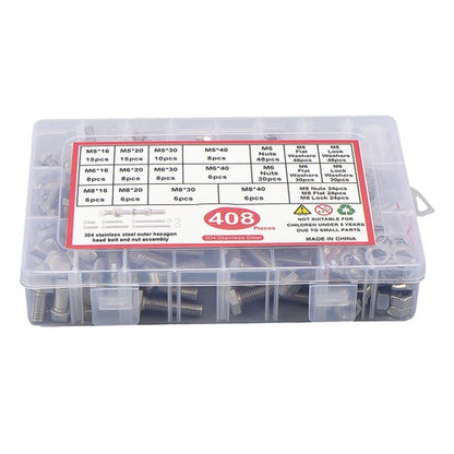Solid Spare 408 Pieces M5 M6 M8 Bolts and Nuts Flat & Lock Washers Combination Kit