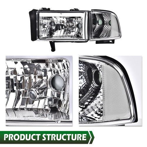 Solid Spare Fit For 94-02 Dodge Ram 1500 2500 3500 LED Headlights Corner Signal Lamps Chrome