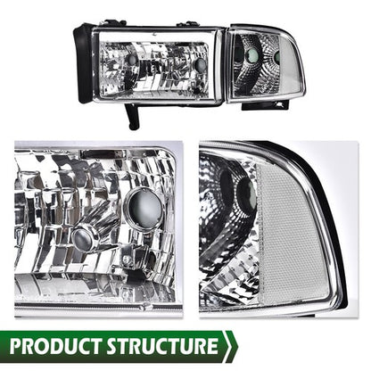 Solid Spare Fit For 94-02 Dodge Ram 1500 2500 3500 LED Headlights Corner Signal Lamps Chrome