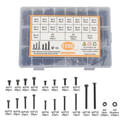Solid Spare 1590 Pack M3 Screw Kit Hex Button & Socket Head Bolts and Nuts Washers Set