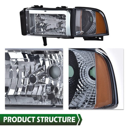 Solid Spare Fit For 1994-2002 Dodge Ram 1500 2500 3500 Smoke/Amber LED Tube Headlights