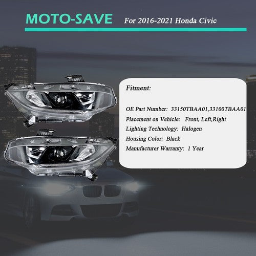 Solid Spare Black Front Headlight Assembly Clear Lens LH+RH Pair For Honda Civic 2016-2021