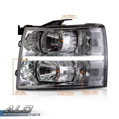 Solid Spare LED DRL Headlights Fit For 2007-2014 Chevy Silverado 1500 2500 3500 Chrome Clear