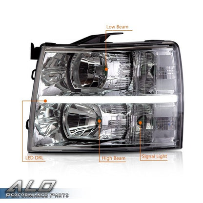 Solid Spare LED DRL Headlights Fit For 2007-2014 Chevy Silverado 1500 2500 3500 Chrome Clear