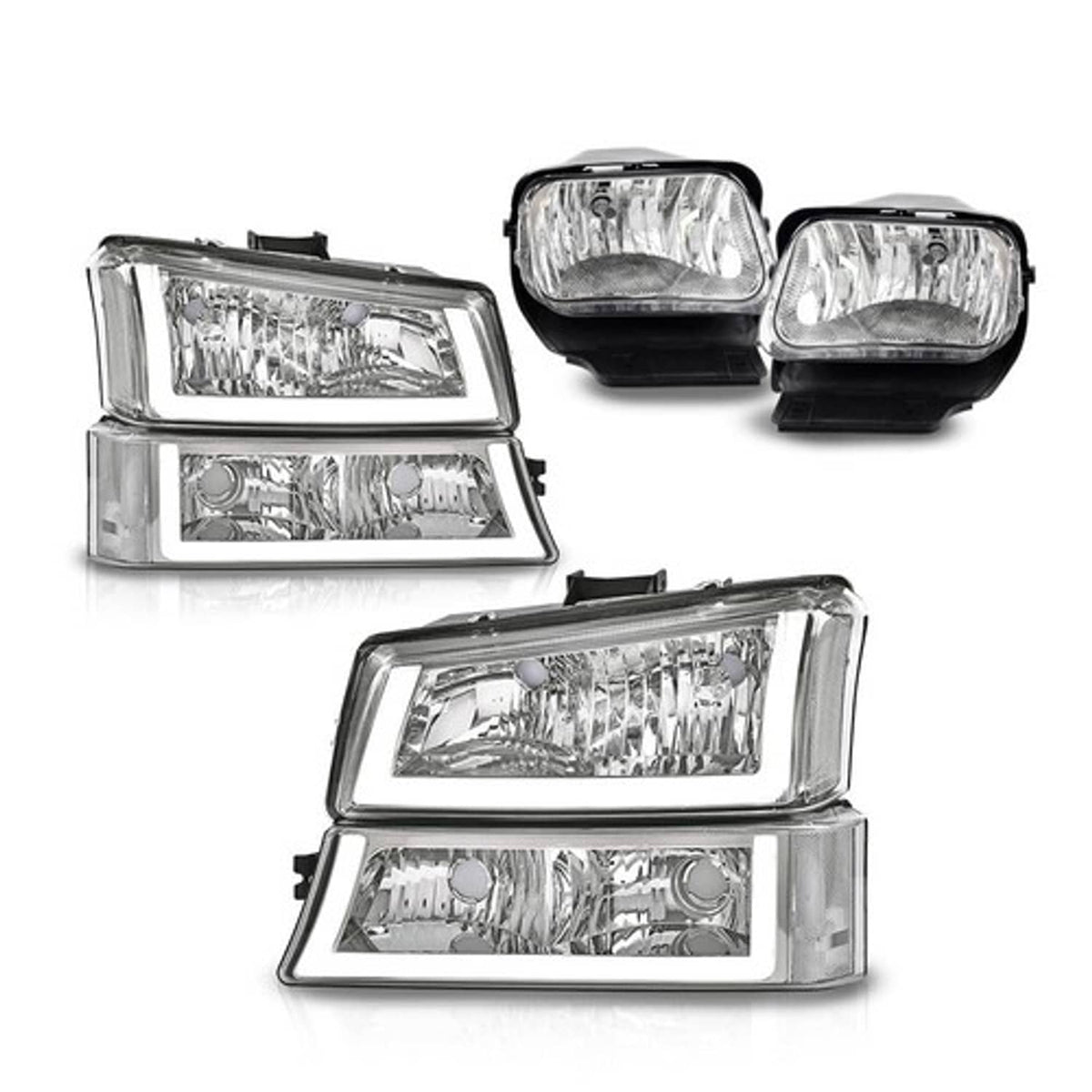 Solid Spare FIT FOR 03-06 SILVERADO CLEAR HEADLIGHT LAMPS WITH LED DRL + FOG LIGHTS SET