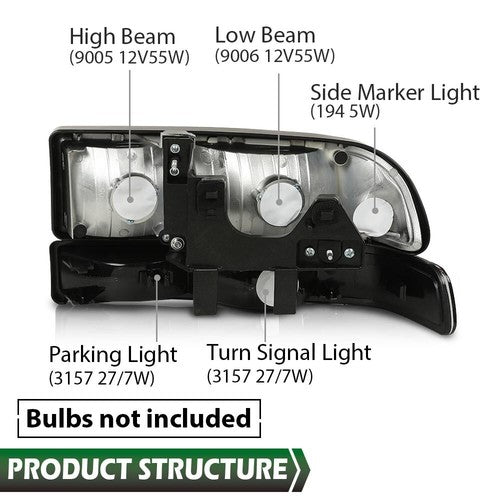Solid Spare Fit For 98-2004 Chevy S10 Blazer Black/Amber Corner Headlights Bumper Headlamps