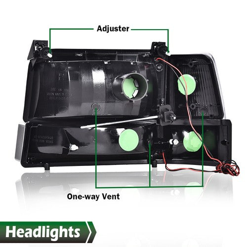 Solid Spare Fit For 92-96 Ford F-150 Bronco LED DRL Headlights Bumper Lamps Black