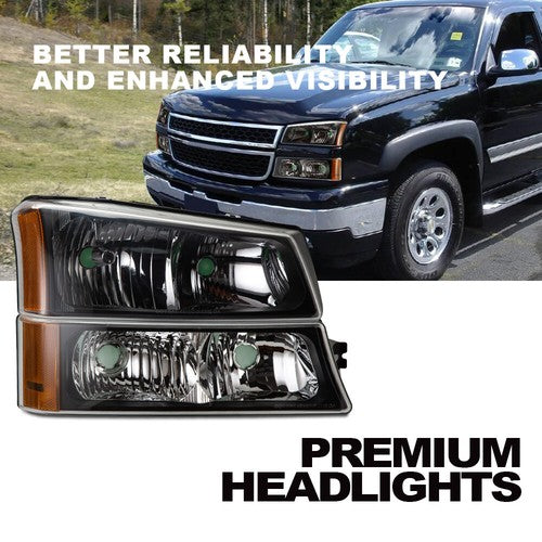 Solid Spare Fit For 2003-2006 Chevy Silverado Clear/Black Amber Signal Headlights Headlamps