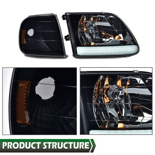 Solid Spare Fit For 97-04 Ford F150 Black/Smoked LED Strip Headlights Headlamps LH+RH