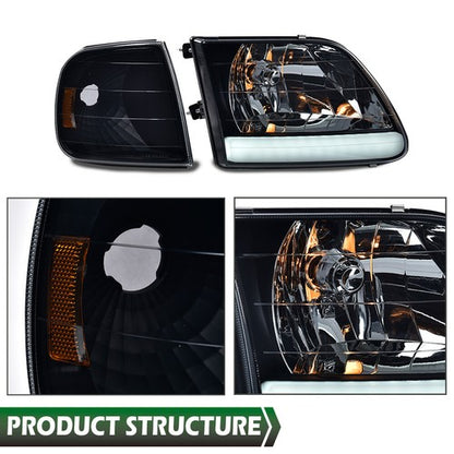 Solid Spare Fit For 97-04 Ford F150 Black/Smoked LED Strip Headlights Headlamps LH+RH
