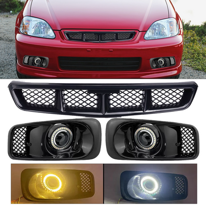 Fit 1999-2000 Honda Civic JDM Front GRILLE & LED Double colour Fog Lights Lamps