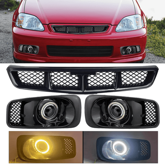 Solid Spare Fit 1999-2000 Honda Civic JDM Front GRILLE & LED Double colour Fog Lights Lamps