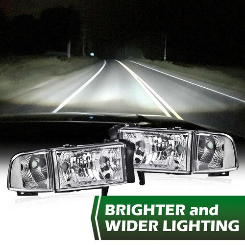 Solid Spare Clear Corner Chrome Headlights Assembly Fit For 94-02 Dodge Ram 1500 2500 3500