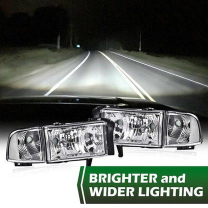 Solid Spare Clear Corner Chrome Headlights Assembly Fit For 94-02 Dodge Ram 1500 2500 3500