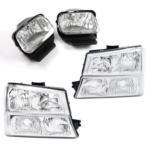 Solid Spare Clear Chrome Headlights+Fog Lights Fit For 2003-2007 Chevy Silverado Avalanche