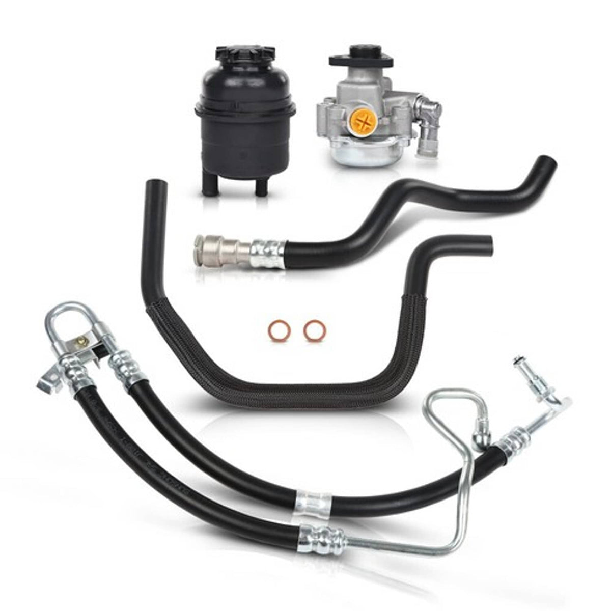 Solid Spare Fit for 01-05 BMW E46 325i 330i Power Steering Pump + Hoses + Reservoir w/ Cap