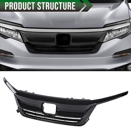 Solid Spare Fit For 2019-2021 Honda Pilot Front Bumper Upper Grille Trim Assembly Grill