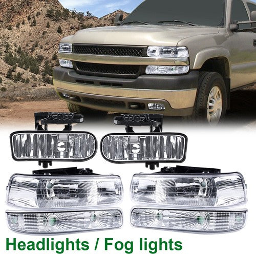 Solid Spare Fit For 99-02 Silverado/00-06 Suburban Chrome Clear Headlights + Fog Lights