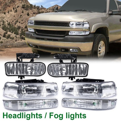 Solid Spare Fit For 99-02 Silverado/00-06 Suburban Chrome Clear Headlights + Fog Lights