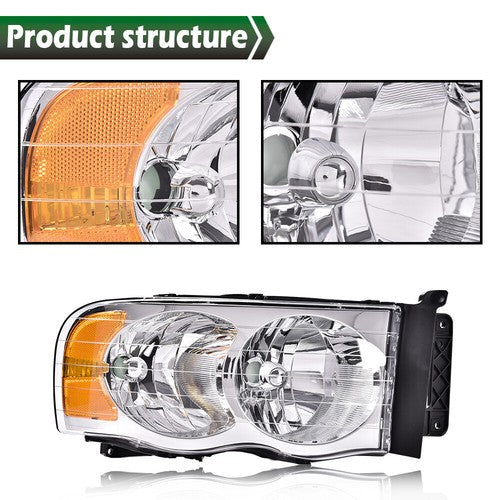 Solid Spare Amber/Chrome Headlights+Fog Lights Fit For 2002-2005 Dodge Ram 1500 2500 3500