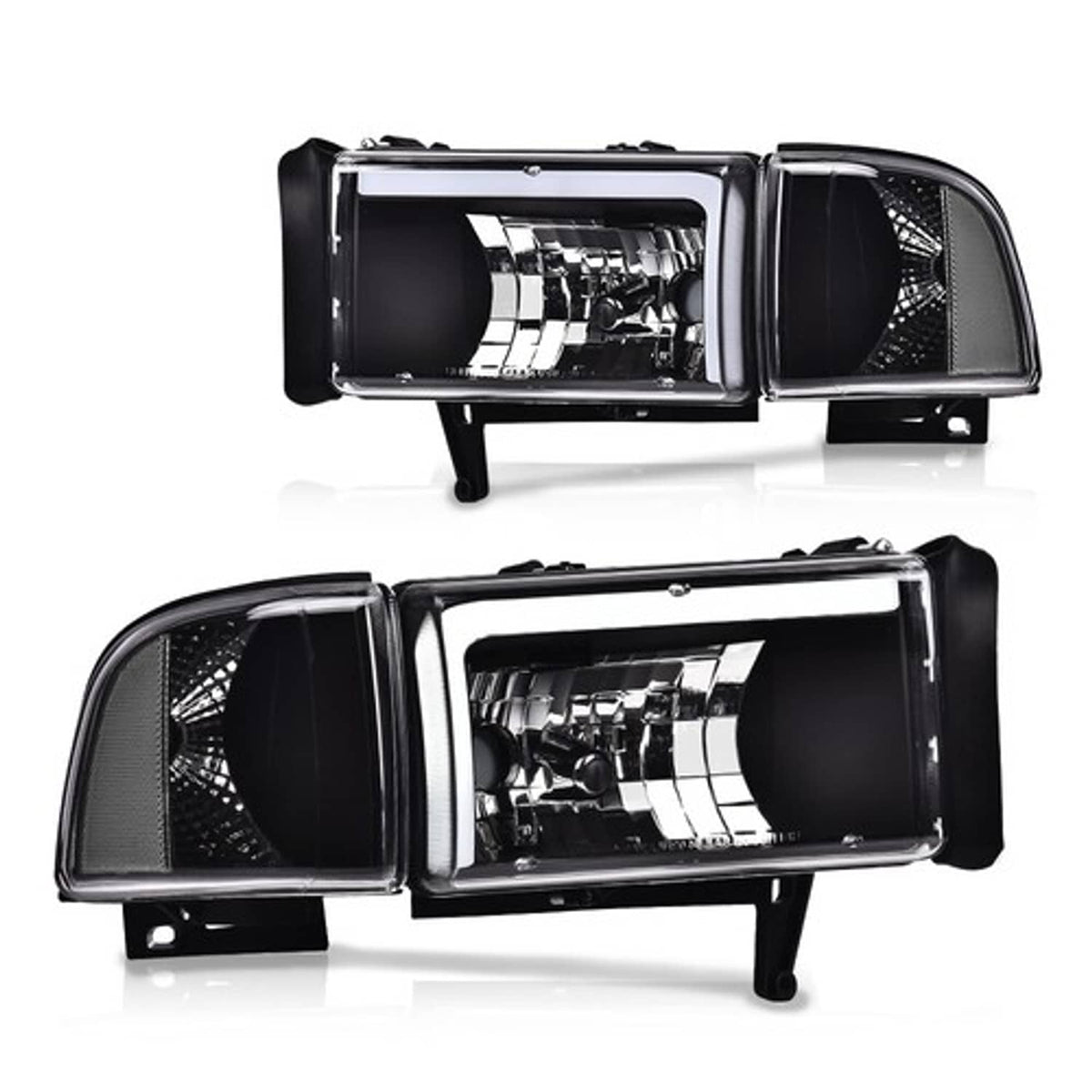 Solid Spare Fit For 94-02 Dodge Ram 1500 2500 3500 LED DRL Clear Corner Black Headlights
