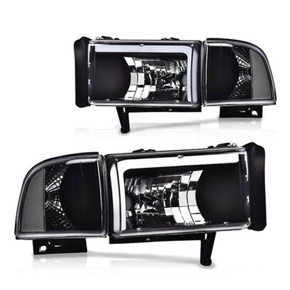 Solid Spare Fit For 94-02 Dodge Ram 1500 2500 3500 LED DRL Clear Corner Black Headlights