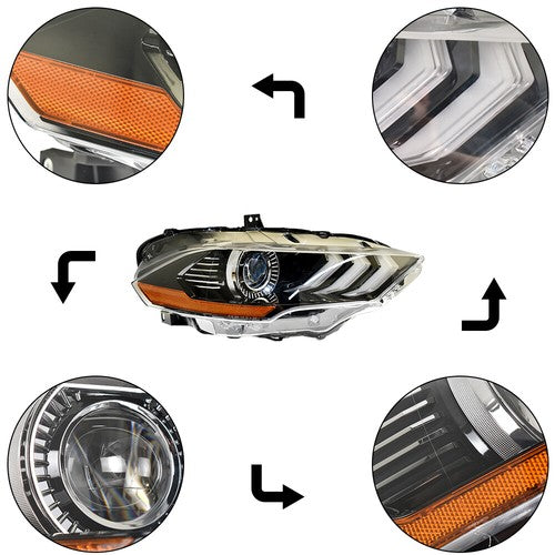 Solid Spare Black Headlight LED DRL Projector Lamp Right Side Fit For Ford Mustang 2018-2020