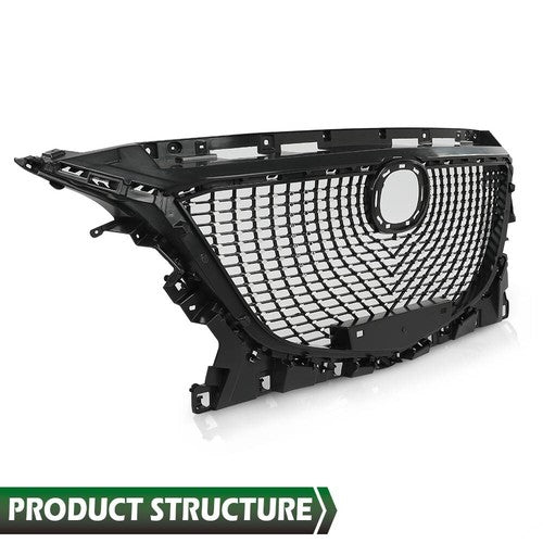 Solid Spare Fit For 14-16 Mazda 3 Front Bumper Upper Diamond Grille Grill Black Chrome