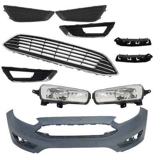Solid Spare For Ford Focus 15-2018 Front Bumper Cover+Upper Grille w/Fog Light (Cover) Pair