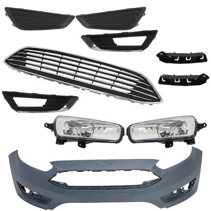 Solid Spare For Ford Focus 15-2018 Front Bumper Cover+Upper Grille w/Fog Light (Cover) Pair