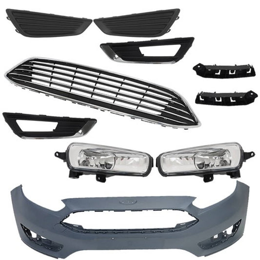 Solid Spare For Ford Focus 15-2018 Front Bumper Cover+Upper Grille w/Fog Light (Cover) Pair