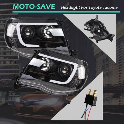 Solid Spare For Toyota Tacoma 2005-2011 Black LED Tube Projector Headlights Headlamp Pair