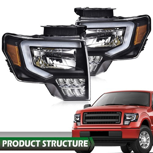 Solid Spare Fit For 2009-2014 Ford F-150 Headlights Black/Clear LED DRL Head Lamps Pair
