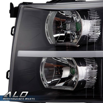 Solid Spare Fit For 2007-2014 Chevy Silverado LED DRL Strip Clear Black Headlights Headlamps