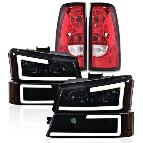 Solid Spare Fit For 03-06 Chevy Silverado LED DRL Smoke Black Headlights+Red Tail Lights