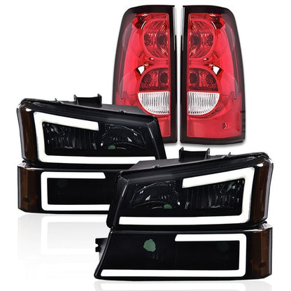 Solid Spare Fit For 03-06 Chevy Silverado LED DRL Smoke Black Headlights+Red Tail Lights