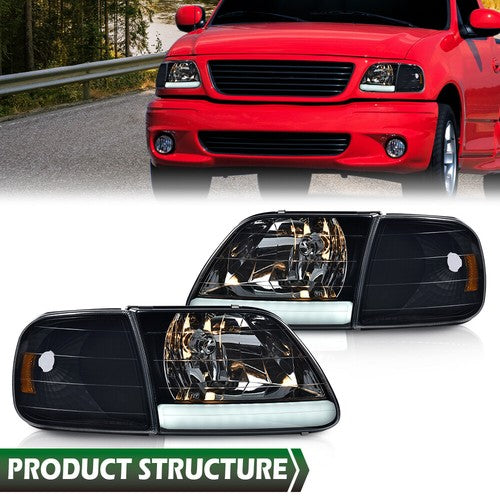 Solid Spare Fit For 97-04 Ford F150 Black/Smoked LED Strip Headlights Headlamps LH+RH