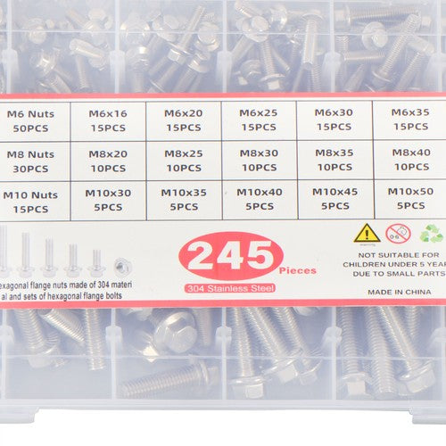 Solid Spare 245 Pcs Heavy Duty Flanged Bolts And Nuts Kit M6 M8 M10 Stainless Steel
