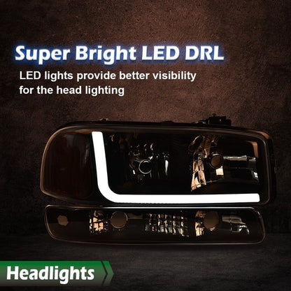 Solid Spare Smoke/Chrome LED DRL Headlights+Bumper Lamps Fit For 99-07 GMC Sierra/Yukon