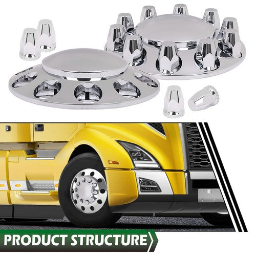 Solid Spare Silver Front Axle Wheel Cover with Hub Cap 33mm Lug Nuts For Semi Truck Set of 2